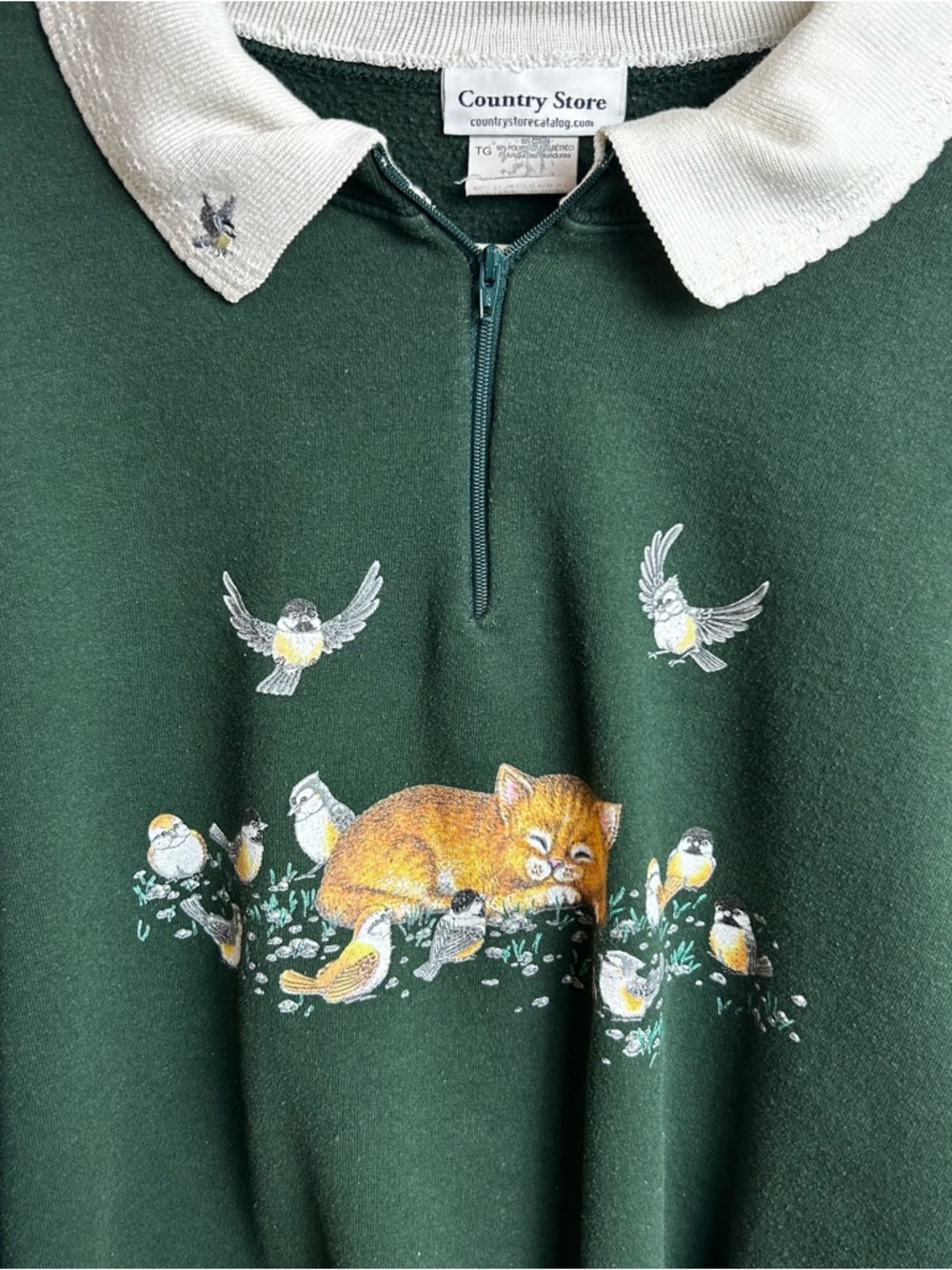 Country Store Vintage 90's collared 1/4 zip sleeping kitten sweater size: XL - Picture 2 of 9
